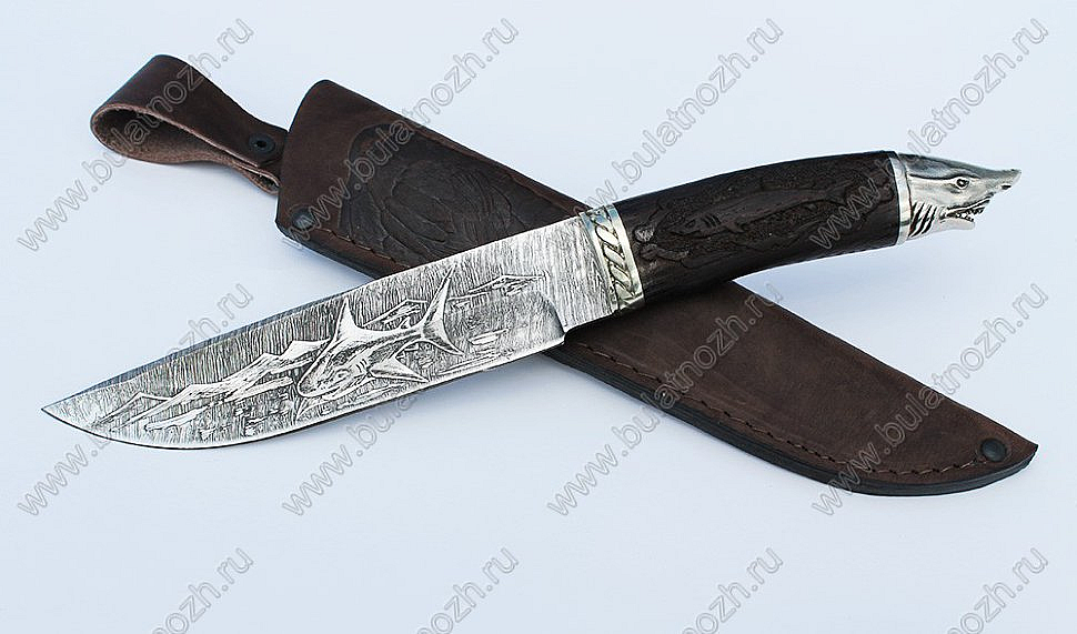 Нож Акула (дамаск, гравировка "Акула", венге, резьба, литьё 1)